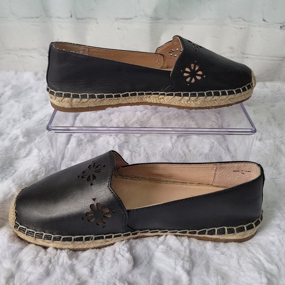 KATE SPADE Espadrille Gillian Black Leather Flats Slip On Laster Cutout Size 7 - Picture 5 of 12